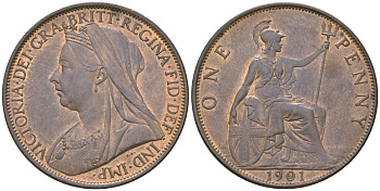 Великобритания 1 пенни 1901 Виктория (1837-1901) KM 790, Spink 3961 бронза  UNC  4590-1044