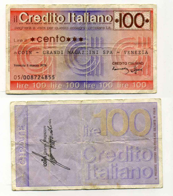 Италия чек на 100 лир 1976 credito Italiano, универмаги SPA венеция, 3 марта 1976 бумага 8588-11-2-1