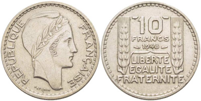 Франция 10 франков 1948 тип Пьер Турин KM 909.1, Le Franc 362.3 медно-никель 210-1127