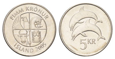 Исландия 5 крон 2005 дельфины KM 28a сталь плакированная никелем UNC 4691-427