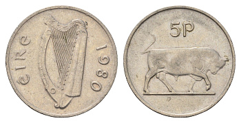 Ирландия 5 пенсов 1980 бык KM 22 медно-никель 4691-156