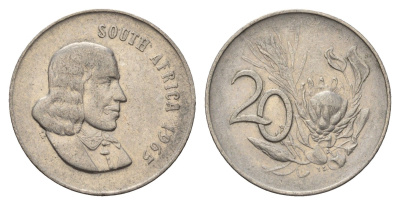 ЮАР 20 центов 1965 Ян ван Рибек (1619-1677), South Africa, легенда на английском, цветок протея KM 69.1 никель 4693-642