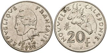 Французская Новая Каледония 20 франков 2000 три быка, (IEOM) KM 12, Schoen 14, Lec 115d никель 4131-444