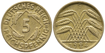 ГЕРМАНИЯ 5 РЕЙХСПФЕННИГОВ 1924 G KM 39, J. 316 алюминиевая бронза 39-535