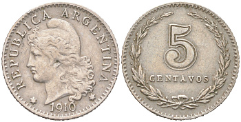 Аргентина 5 сентаво 1910 редкий год KM 34 медно-никель 4621-1035