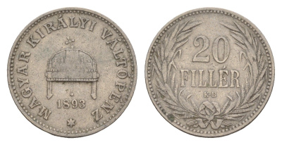 Венгрия 20 филлеров 1893 KB, Франц Иосиф (1848-1916) KM 483 никель 4658-528