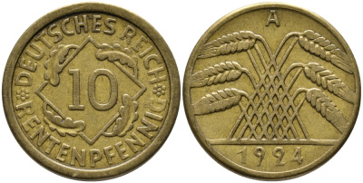 ГЕРМАНИЯ 10 РЕНТЕНПФЕННИГОВ 1924 А KM 33, J.309 алюминиевая бронза 96-632