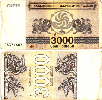 Грузия 3000 купонов 1993 Pick 45, Сергеев 17 бумага 6289-20-3-2