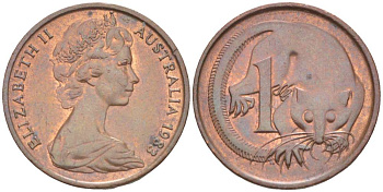АВСТРАЛИЯ 1 ЦЕНТ 1983 ЕЛИЗАВЕТА II (1952-) МОЛОДОЙ ПОРТРЕТ, ОПОССУМ KM 62 бронза 4516-642