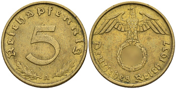 Германия 5 рейхспфеннигов 1937 A KM 91, J. 363 алюминиевая бронза 4151-745