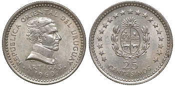 Уругвай 25 сентесимо 1960 KM 40 медно-никель 4169-765