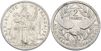Французская Новая Каледония 2 франка 2011 птица кагу, (IEOM) KM 14, Schoen 11 алюминий    29-555