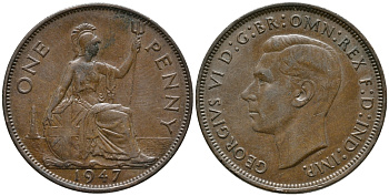 Великобритания 1 пенни 1947 Георг VI (1936-1952) KM 845, Spink 4114 бронза 32-911