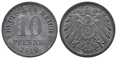 ГЕРМАНИЯ 10 ПФЕННИГОВ 1919 KM 26, J. 299 цинк 4380-221