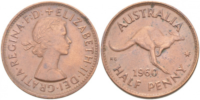 Австралия 1/2 пенни 1960 p, Елизавета II (1953- ), кенгуру KM 61 бронза 77-647