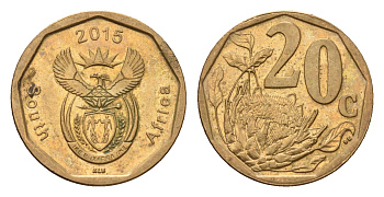 ЮАР 20 центов 2015 герб, цветок протея KM 270 сталь плакированная бронзой aUNC 4687-659