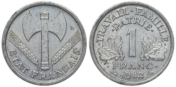 Франция 1 франк 1942 правительство Виши KM 902.1, Le Franc 223.2 алюминий 4128-343