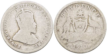 Австралия 6 пенсовВ 1910 L, Эдуард VII (1902-1910), герб Австралии KM 19 серебро 3955-1262