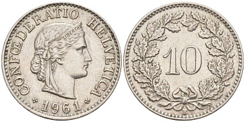 ШВЕЙЦАРИЯ 10 РАППЕНОВ 1961 В KM 27 медно-никель 55-324