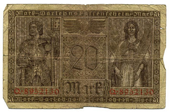 Германия 20 марок 1918 20 февраля 1918, серия Q, красная, Минерва и Меркурий Pick 57, Rosenberg 55 бумага 7217-78-3-2