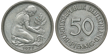 ФРГ 50 ПФЕННИГОВ 1977 D J 384a, KM 109.2 медно-никель aUNC 72-1065