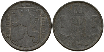 Бельгия 1 франк 1945 Belgie - Belgique, Леопольд III (1934-1947), германская оккупация, Вторая мировая война KM 128 цинк 4161-547