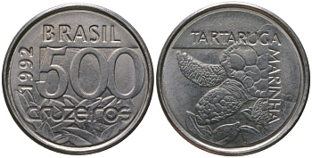 Бразилия 500 крузейро 1992 KM 624, Schon 133 нержавеющая сталь 4576-154