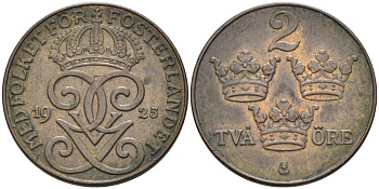 Швеция 2 эре 1925 Густав V (1907-1950) KM 778 бронза 63-1213