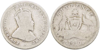 Австралия 6 пенсовВ 1910 L, Эдуард VII (1902-1910), герб Австралии KM 19 серебро 3955-1262
