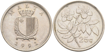 Мальта 25 центов 1991 шиповник вечнозелёный KM 97 медно-никель 68-1144