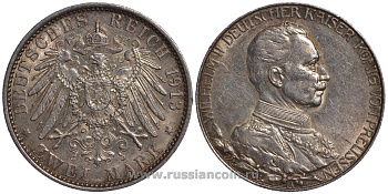 Пруссия 2 марки 1913 A, Вильгельм II (1888-1918), 25 лет правления (мундир) Weege 111, J. 111, KM 533 серебро 11-230-22