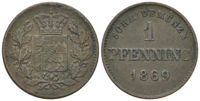 Бавария 1 пфенниг 1869 Людвиг II (1864-1886) AKS 185 медь 4679-951
