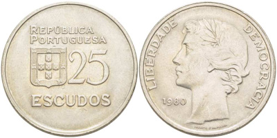 Португалия 25 эскудо 1980 первый год KM 607а медно-никель 4517-414