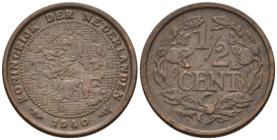 Нидерланды 1/2 цента 1940 Вильгельмина (1890-1948) KM 138 бронза 4588-1127