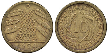 Германия 10 рентенпфеннигов 1924 D KM 33, J. 309 алюминиевая бронза 4121-847