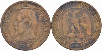 ФРАНЦИЯ 10 САНТИМОВ 1855 BB, НАПОЛЕОН III (1852-1870) KM 771.3, LE FRANC 133.23 бронза 38-1132