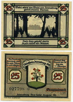 Германия, Аннабург 25 пфеннигов 1921 август 1921, нотгельд, земля Саксония-Ангальт Grabowski 470.1  бумага  UNC (пресс) 7221-12-1-1