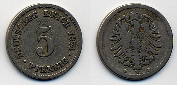 ГЕРМАНИЯ 5 ПФЕННИГОВ 1874 E, СТАРОГЕРБОВКА KM 3, J. 3 медно-никель 35-851
