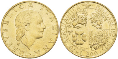 ИТАЛИЯ 200 ЛИР 1993 R, 70 ЛЕТ ВОЕННОЙ АВИАЦИИ KM 155 алюминиевая бронза 4551-531