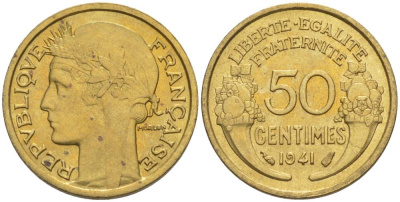 Франция 50 сантимов 1941 тип Морлон KM 894.1, Le Franc 192.18 алюминиевая бронза 44-369