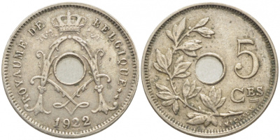 БЕЛЬГИЯ 5 САНТИМОВ 1922 22/1 BELGIQUE KM 66 медно-никель 112-237