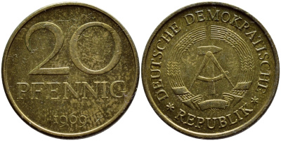 ГДР 20 пфеннигов 1969 А, первый год KM 11 латунь UNC 4397-227