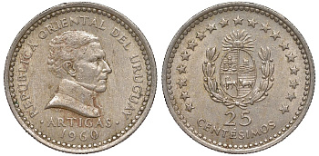 Уругвай 25 сентесимо 1960 KM 40 медно-никель 4580-833