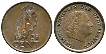 НИДЕРЛАНДЫ 1 ЦЕНТ 1968 ЮЛИАНА KM 180 бронза 75-1617