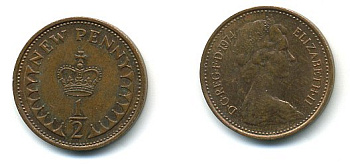 Великобритания 1/2 пенни 1974 Елизавета II (1952-2022) KM 914, Spink 4239 бронза 4110-1668