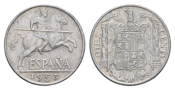 Испания 10 сентимо 1953 рыцарь (всадник) на коне, Франсиско Франко (1939-1975) KM 766 алюминий 4538-425