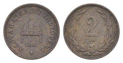 Венгрия 2 филлера 1895 KB, Франц Иосиф (1848-1916) KM 481 бронза 4651-1029