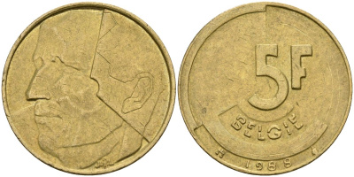 Бельгия 5 франков 1988 Надпись на голландском - 'BELGIE' KM 164 Алюминиевая бронза 4165-343