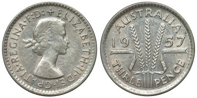 Австралия 3 пенса 1957 m, Елизавета II (1952-2022) KM 57 серебро 71-516