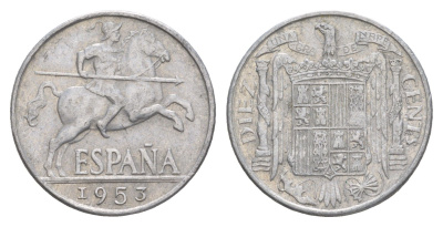 Испания 10 сентимо 1953 рыцарь (всадник) на коне, Франсиско Франко (1939-1975) KM 766 алюминий 4538-425